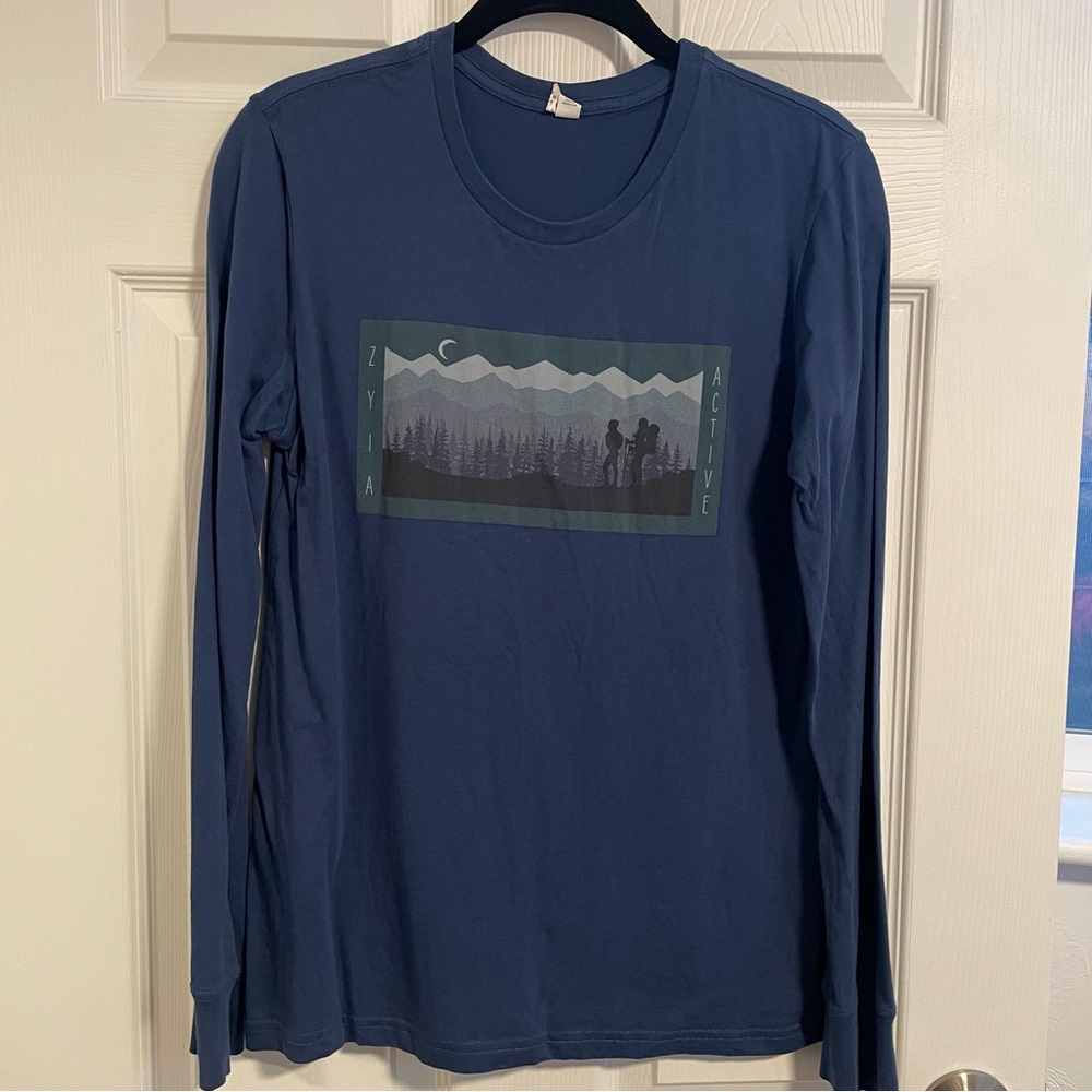 Zyia Active Long Sleeve Blue Cotton Shirt with Outdoor Deisgn